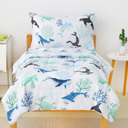 Mooreeke Toddler Bedding Sets for Boys,4 Pieces Blue Ocean Whales Printed