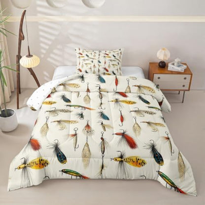 Homewish Fish Hooks Comforter Set Toddler Size for Kids Bedroom Decor
