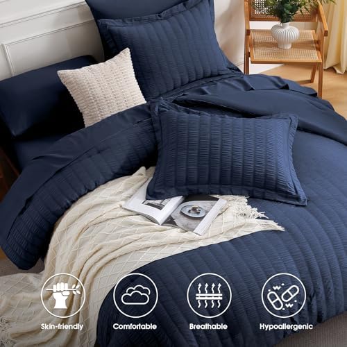 FreshCulture Comforter Set Seersucker 7 Pieces, All Season Bedding Set California King, Bed in a Bag Set with 1 Comforter, 1 Flat Sheet, 1 Fitted Sheet, 2 Pillowcases and 2 Pillow Shams, Navy