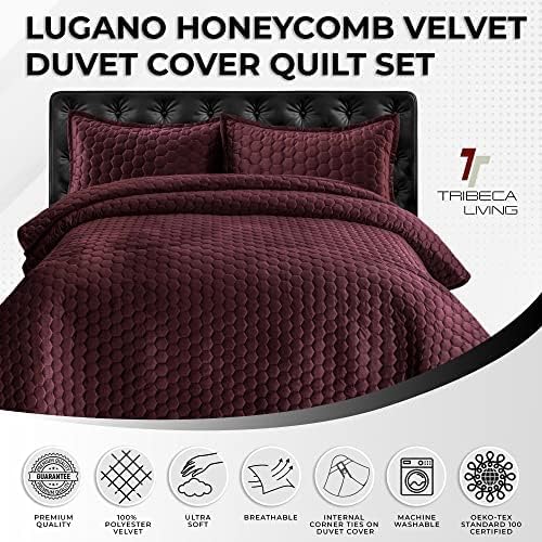 Tribeca Living Lugano Oversized Velvet Quilt Set - All Season, Extra Large, 3 Piece Queen Size Comforter Set with 2 Pillow Shams in Plum Honeycomb Pattern 260GSM