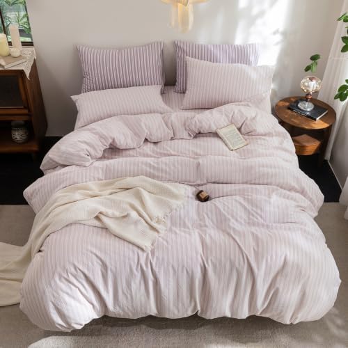 FOSSA Striped Duvet Cover Set 100% Washed Cotton Linen Feel King