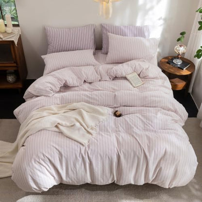 FOSSA Striped Duvet Cover Set 100% Washed Cotton Linen Feel King