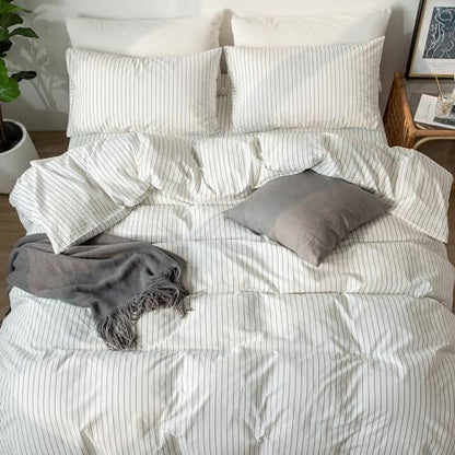 MooMee Striped Duvet Cover Set 100% Washed Cotton Linen Like
