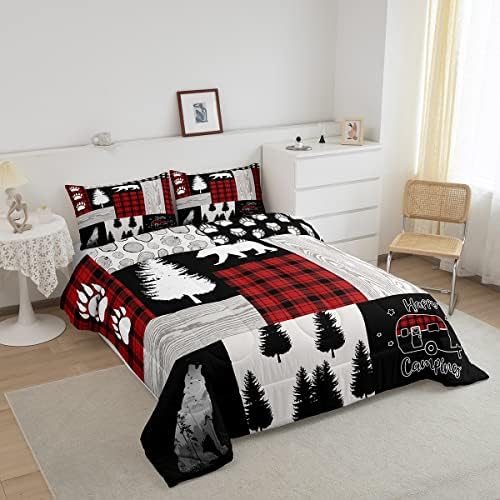 Woodland Animal Bedding Set,Buffalo Plaid Red and Black Comforter Set Twin,Bear Wolf Wildlife Rustic Cabin Bedding Comforter Sets for Boys Girls Camper Decor,Jungle Pine Tree Patchwork Quilt