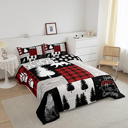 Woodland Animal Bedding Set,Buffalo Plaid Red and Black Comforter Set Twin,Bear Wolf Wildlife Rustic Cabin Bedding Comforter Sets for Boys Girls Camper Decor,Jungle Pine Tree Patchwork Quilt