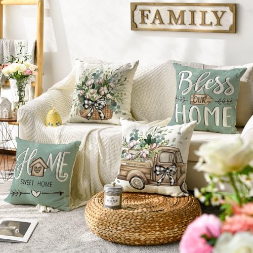 AVOIN colorlife Bless Our Home Farmhouse Eucalyptus Leaves Throw Pillow Covers, 18 x 18 Inch Truck Home Sweet Cushion Case Decorations Set of 4