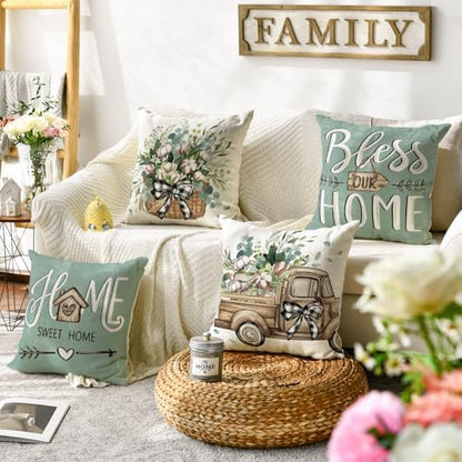 AVOIN colorlife Bless Our Home Farmhouse Eucalyptus Leaves Throw Pillow Covers, 18 x 18 Inch Truck Home Sweet Cushion Case Decorations Set of 4
