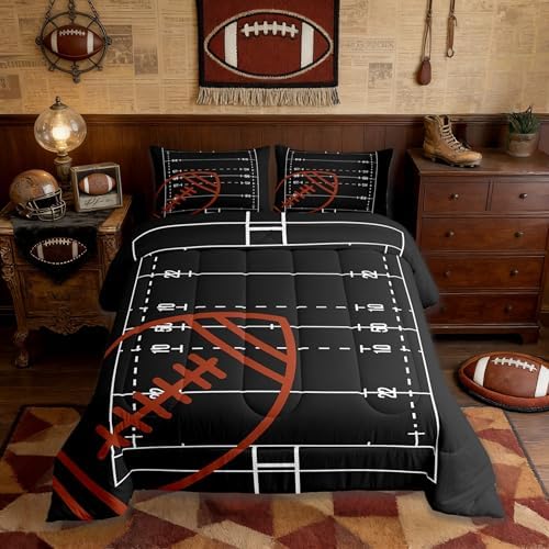 American Football Field Queen Size Comforter Set,Boys Ball Sports Games Themed Bedding Set with 2 Pillowcases,Brown Rugby Gloves Sporting Equipment Breathable Polyester Bedding Comforters