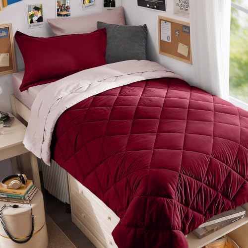 MUXHOMO 5 Pieces Twin XL Comforter Set, Reversible Bed in a Bag Twin XL Size, All Season Bedding Set with Comforter, Flat Sheet, Fitted Sheet, Pillowcases & Shams, Burgundy & Rose Gold