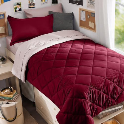MUXHOMO 5 Pieces Twin XL Comforter Set, Reversible Bed in a Bag Twin XL Size, All Season Bedding Set with Comforter, Flat Sheet, Fitted Sheet, Pillowcases & Shams, Burgundy & Rose Gold