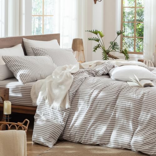 MooMee Striped Duvet Cover Set 100% Washed Cotton Linen Like Queen