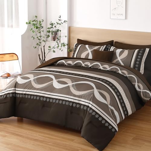 Anibedding Brown Comforter Set King Size,Patchwork Striped Bed in a Bag
