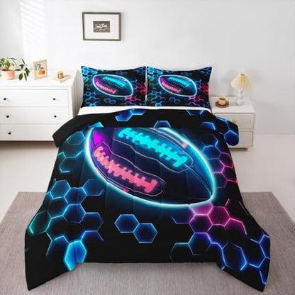 Erosebridal Rugby Sports Comforter Set for Kids Boys Girls Football Bedding Honeycomb Hexagon Duvet Set Colorful Neon Lights Comforter King with 2 Pillowcases