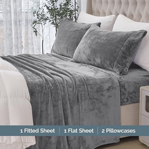 Elegant Comfort Luxuriously Soft 4-Piece Velvet Plush Flannel Sheet Set - Premium Quality - Cozy Warm, Anti-Static, Non Pilling Fuzzy Velvet Flannel Fleece Deep Pocket Sheet Set - Cal King, Gray