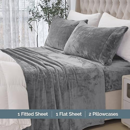 Elegant Comfort Luxuriously Soft 4-Piece Velvet Plush Flannel Sheet Set - Premium Quality - Cozy Warm, Anti-Static, Non Pilling Fuzzy Velvet Flannel Fleece Deep Pocket Sheet Set - Cal King, Gray