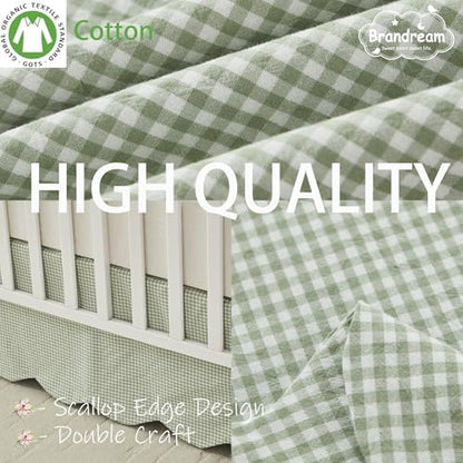 Brandream Scallop Edge Cotton Crib Skirt, Baby Boy, Baby Girl, Gender Neutral Crib Skirt Toddler Bedskirt Farmhouse Chic Nursery Crib Bed Skirt, Boho Bohemian Solid Green Gingham