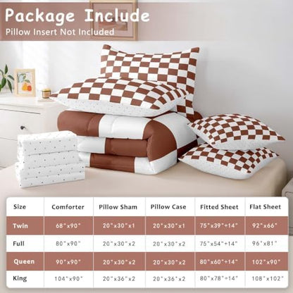 Feelyou Checkered 7 Piece Bedding Set Teen Coffee Brown White Plaid Comforter Set with Sheets Full Size Kids Boys Cute Retro Neutral Checkerboard Geometric Bed in a Bag Vintage Aesthetic Room Decor