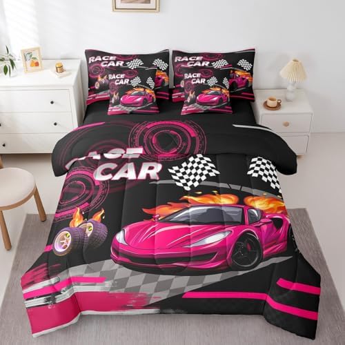 Feelyou Rose Pink Race car Comforter Set Full Size 7 Pcs Bedding Set Kids