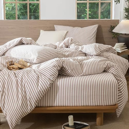 MooMee Striped Duvet Cover Set 100% Washed Cotton Linen Like Super King