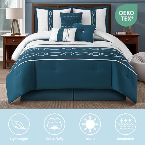 LANCO MODERN LIFESTYLE 7 Piece Comforter Set, California King, Green Geometric Clip, 100% Polyester, Luxury All Seasons Bed Set Includes Comforter, Bed Skirt, Pillow Shams, and Decorative Pillows
