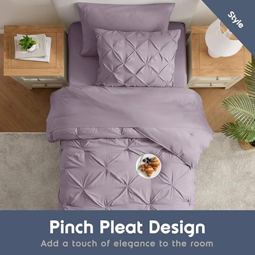 Nestl 7 Piece Twin Comforter Set – Grayish Purple Pinch Pleated Bed in a Bag – Complete Twin Size Bedding Set with Sheets, Set of 2 Cooling Pillows, Pillowcase and Sham