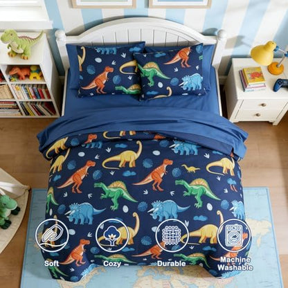 Boys Full Size Bedding Set - 7 Pieces Navy Dinasour Full Comforter Sets