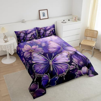 jejeloiu Purple Butterfly Comforter Set Full Size Kids Floral Flower Bedding Set for Boys Girls Teens Boho Butterfly Duvet Breathable Animal Quilt Bedroom Decor,1 Comforter with 2 Pillowcase