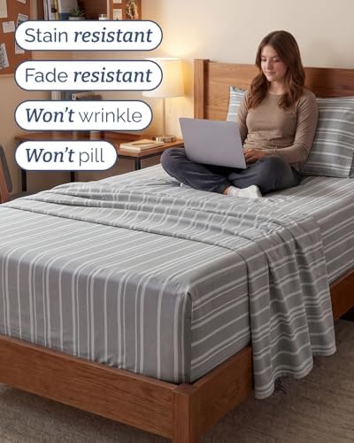 Extra Deep Twin XL Sheet Set - 3 Piece College Dorm Room - Grey Stripes
