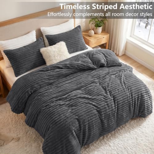 CozyLux Fleece King Size Comforter Set, 3 Piece Warm Dark Grey Bedding