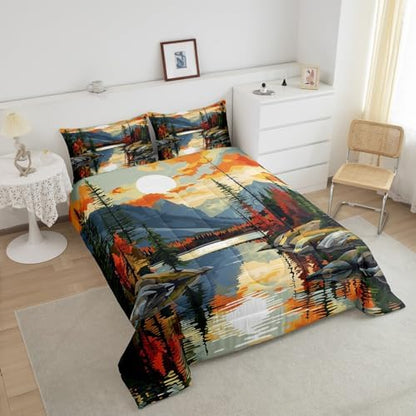 Sunset Lake House Comforter Set Full Size,Tree Branch Woodland Bedding Set for Kids Teens Adults Room Decor,Natural Scenery Retro Quilt Set,Camping Adventure Theme Duvet Insert 3Pcs,2 Pillowcases