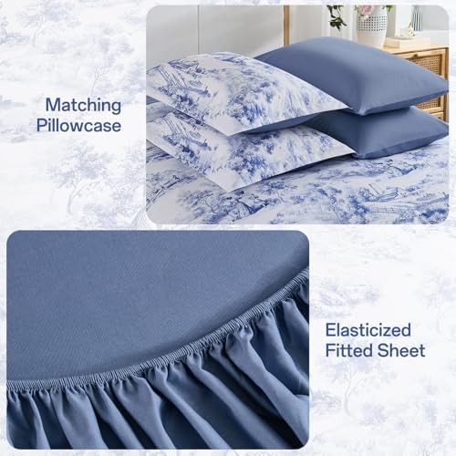 WONGS BEDDING Blue Queen Comforter Set, 7 Pieces Bed in a Bag French Toile Comforter with Sheets, Soft Lightweight Microfiber Botanical Complete Queen Size Bedding Set for All Season