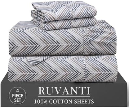 RUVANTI 100% Cotton Twin Sheets, Percale Twin Sheet Set, Inverted Streak