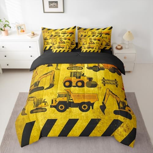 Erosebridal Kids Construction Twin Size Comforter Set, Boys Cartoon Car 7-Piece Bed in A Bag, Cartoon Machinery Truck Sheets and Pillowcases, Yellow Tractor Excavator Bedding Set Room Decor