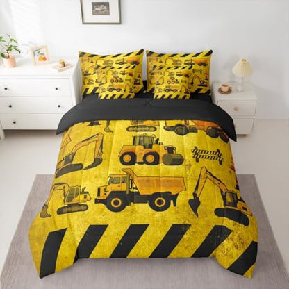 Erosebridal Kids Construction Twin Size Comforter Set, Boys Cartoon Car 7-Piece Bed in A Bag, Cartoon Machinery Truck Sheets and Pillowcases, Yellow Tractor Excavator Bedding Set Room Decor