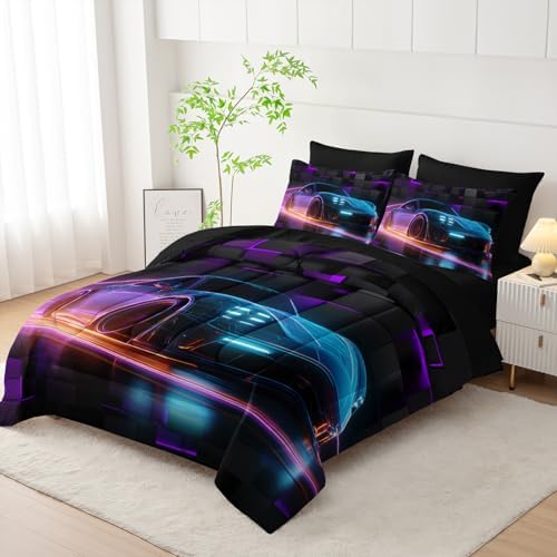 HOSIMA 7Pcs Boys Geometric Pattern Race Car Full Comforter with Sheet Set.