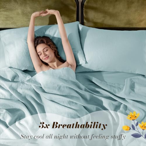 SONORO KATE 100% French Linen Queen Size Sheets Set,Natural Flax Bedding