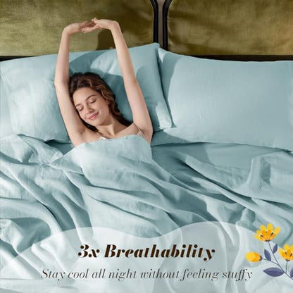 SONORO KATE 100% French Linen Queen Size Sheets Set,Natural Flax Bedding