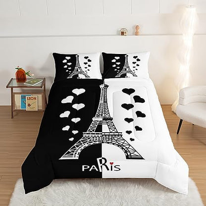 HOSIMA Black and White Stitching Love Heart Paris Bedroom Comforter Set,Eiffel Tower Modern French Style Bedroom Decor,Romantic Sweet Couple King Size Comforter with 2 Pillow Cases.