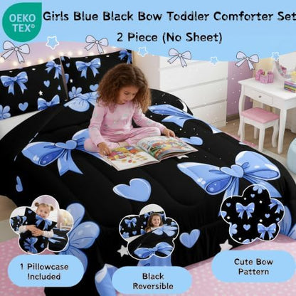 jejeloiu Bow Comforter Set All Season Bowknot Bedding Set with 1 Pillow Cases Black Blue Microfiber Kids Toddler Bedclothes Bow-tie Bedroom Decor Duvet Quilt Breathable Soft Lightweight