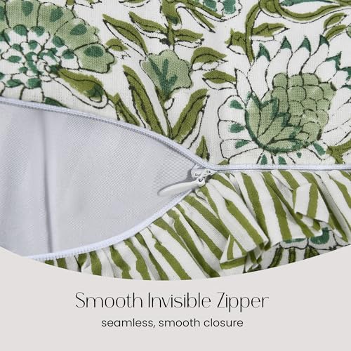 CPC Block Print Agate Green Ruffle Cotton Lumbar Pillow Cover 14x36 inch