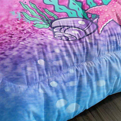 Mermaid Butterfly Comforter Set Queen Size Fairy Tale Sea Shell Grass Bedding Set Colorful Rainbow Quilt Bed Set for Kid Girls with 1 Comforter and 2 Pillowcases