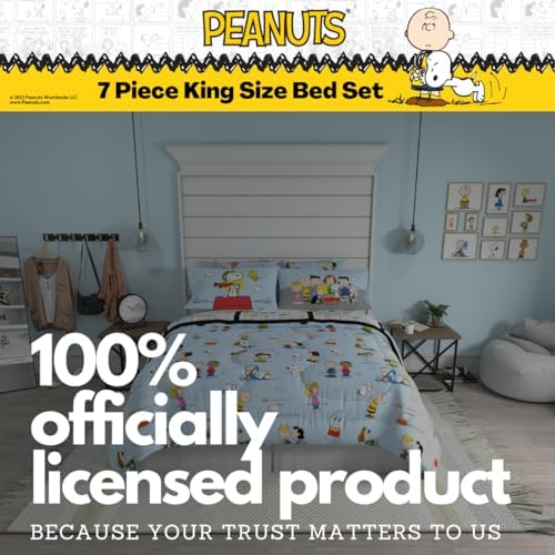 Peanuts® Charlie Brown, Snoopy & Gang Bedding, 7 Piece Super Soft Cozy Reversible Comforter and Sheet Set with Sham, King, (100% Official Licensed Product) By Franco Collectibles