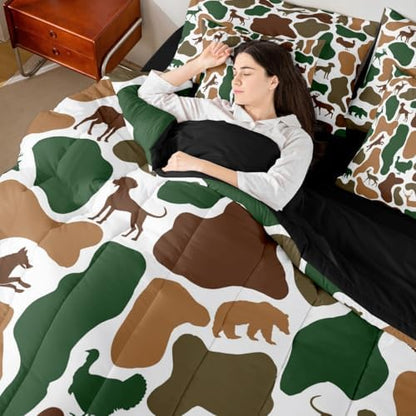 Erosebridal Camo 7 Piece Bedding Set Twin Hunt Bear Comforter Set with Sheets Turkey Wolf Hound Deer Print Bed in a Bag Green White Camouflage for Kids Boys Girls