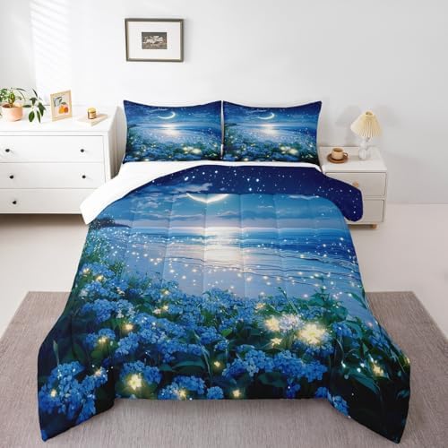 Homewish Coastal Beach Bedding Set Full Size,Blue Floral Comforter Set 3Pcs for Kids Girls Boys Teens Room Decor,Moon Night Quilt Set Blue Dreamy Romantic Duvet Insert,2 Pillowcases