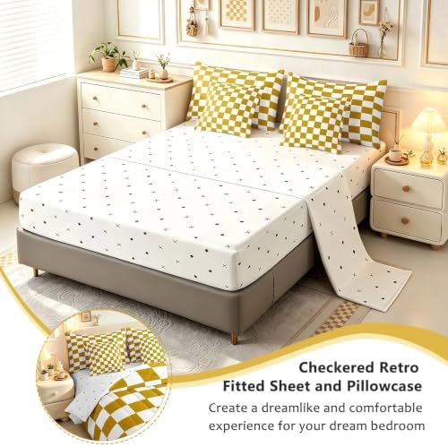 Feelyou Checkered 7 Piece Bedding Set Teen Yellow White Plaid Decoration Comforter Set with Sheets Twin Size Kids Boys Cute Retro Neutral Grid Geometric Bed in a Bag Vintage Aesthetic Room Decor