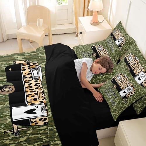 Erosebridal Happy Camping 7 Pieces Bedding Set Green Camouflage Twin Comforter Set for Boys Girls Leopard Print Camper Car Bed in A Bag with Flat and Fitted Sheet Camo Cheetah Pattern Wild Bed Set