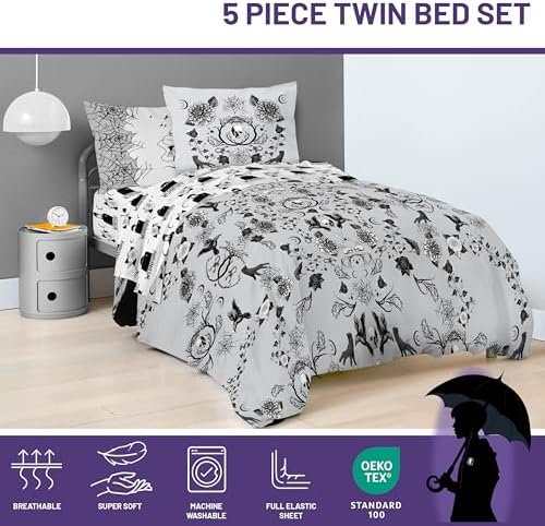 Wednesday Addams Twin Comforter Set 5 Piece Floral Bedding for Girls, Gray