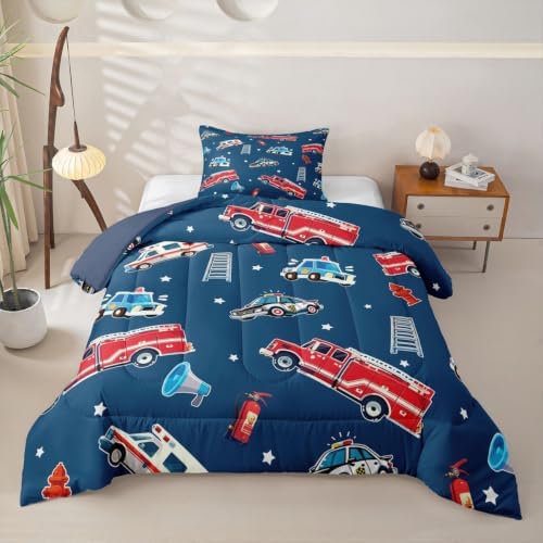 Feelyou Fire Truck Comforter Set Toddler Size Police Car Bedding Set for Kids Boys Girls Ambulance Cartoon Car Duvet Quilt Bedroom Decor Microfiber 2 Pcs with 1 Pillow Case