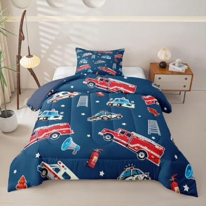 Feelyou Fire Truck Comforter Set Twin Size Police Car Bedding Set for Kids Boys Girls Ambulance Cartoon Car Duvet Quilt Bedroom Decor Microfiber 2 Pcs with 1 Pillow Case