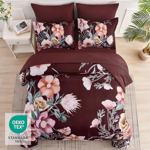 Luxudecor Burgundy Floral Comforter Set King Size 7 Piece, Flower Bed in a Bag, Elegant Comforter Bedding Set for All Season (Burgundy, 104"x90")